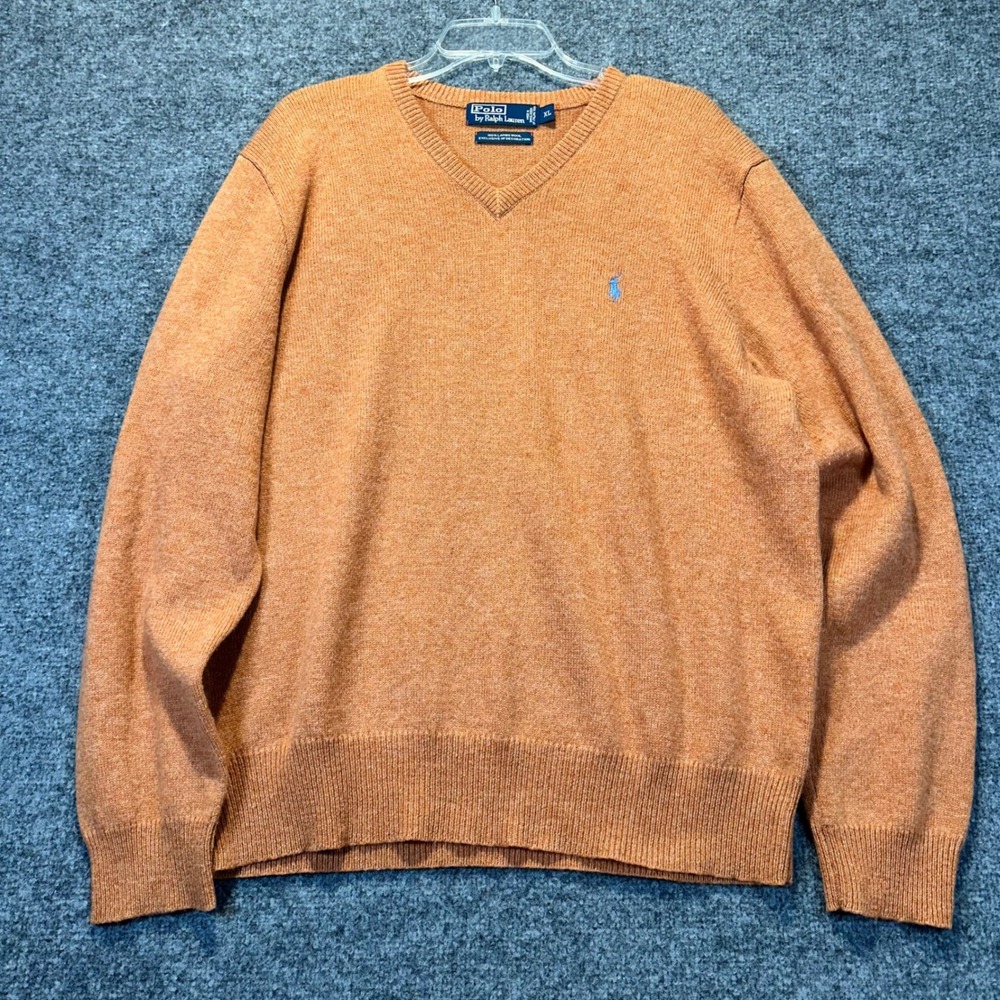 Polo Ralph Lauren Sweater Mens XL Orange Lambswool V-Neck Preppy Classic